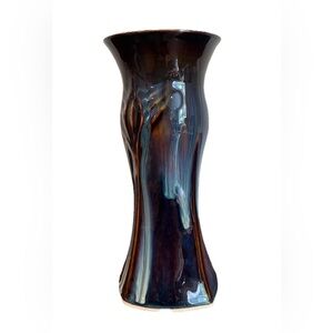 Bill Campbell Vase Art Pottery Lotus Signed Blue Brown Drip Glaze